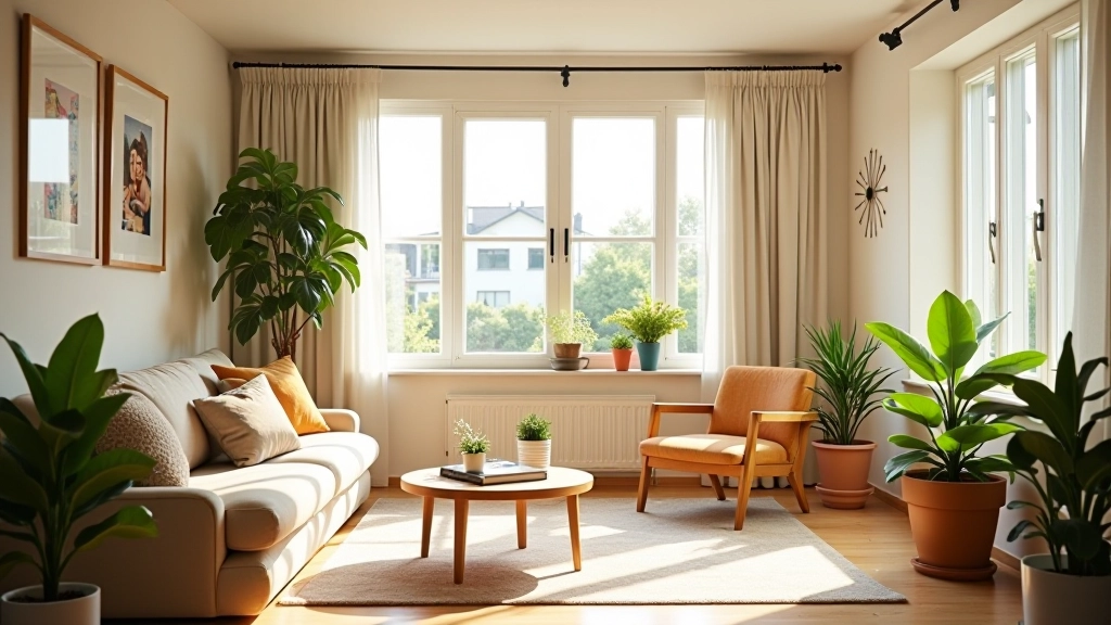 Modern apartment common area with comfortable seating, plants, and bright windows overlooking Lavender district