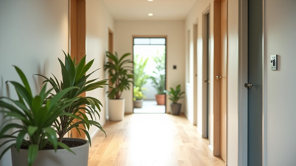 Apartment hallway with modern design, natural light from windows, clean minimalist aesthetic