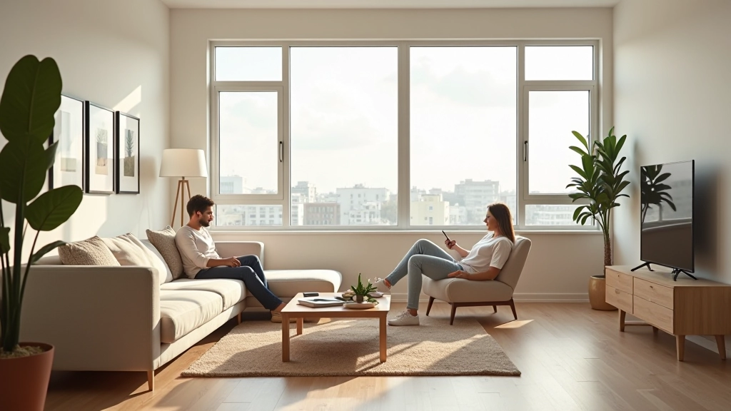 Modern shared living room with comfortable seating, large windows showing green outdoor space, warm natural lighting