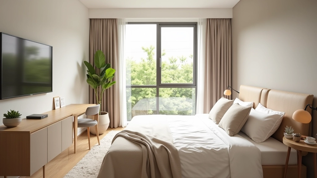 Bright modern bedroom with large window, minimalist furniture, and natural light