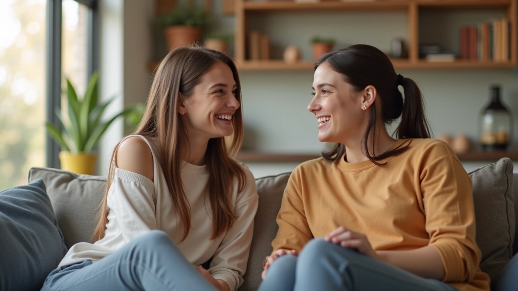 Young adults sitting together in modern living room, having casual conversation