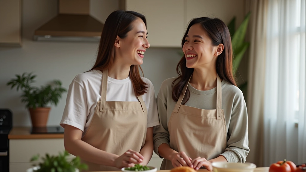 Two young adults cooking together in a shared kitchen, laughing and preparing meals